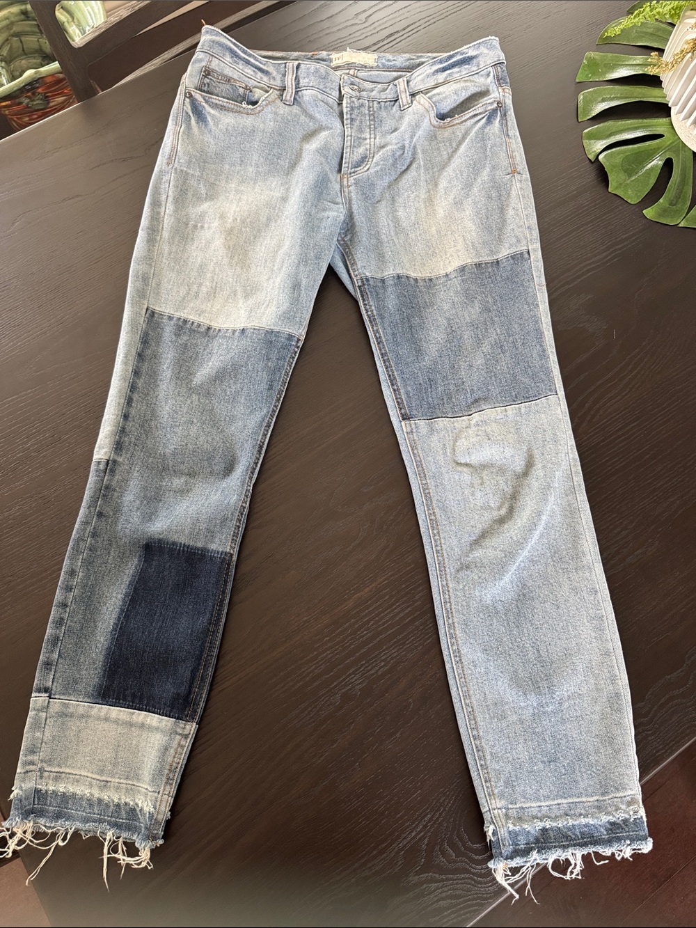 Free People Light and Dark Blue Patchwork Ankle Jeans